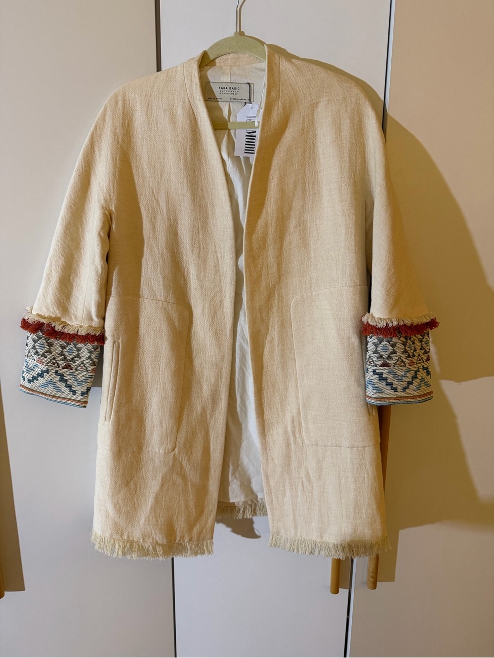 Zara Cream Open-Front Fringe Trim Coat with Embroidered Cuffs - Picture 5 of 7